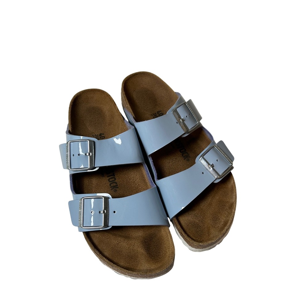 Birkenstock Arizona Sandals Womens's 40 9.5 Blue Patent Leather Two Strap Slides